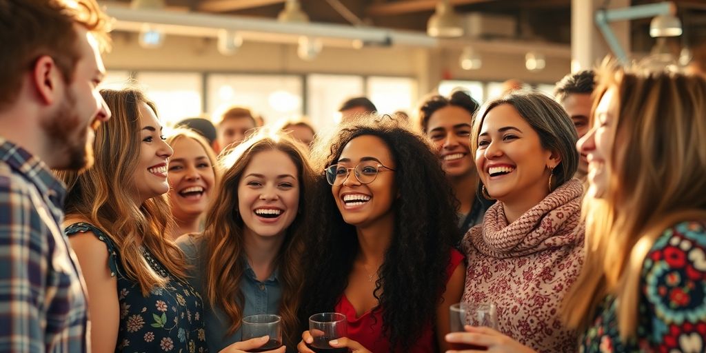 Happy extroverts enjoying a vibrant, multi-person gathering.