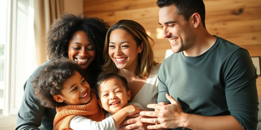 Happy polyamorous family interacting joyfully.