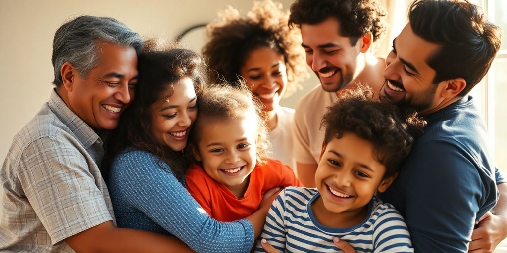 Happy polyamorous family sharing a warm embrace.