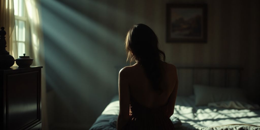 Intimate couple in dimly lit, vintage setting.