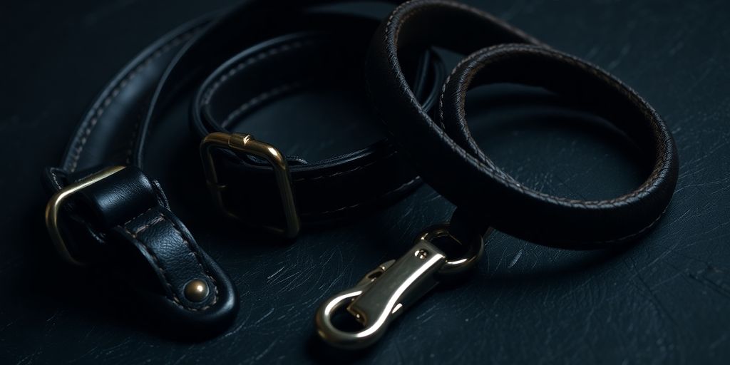 Leather collar and leash on a dark background.