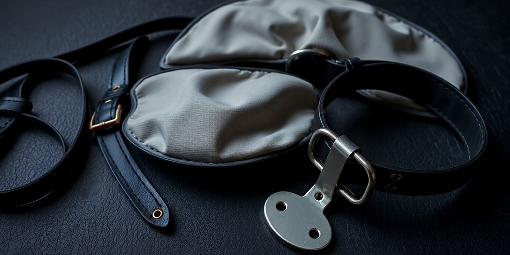 Leather restraints and a blindfold arranged decoratively.
