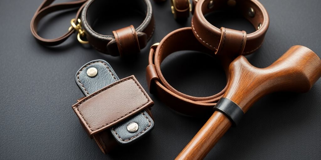 Leather restraints and a riding crop on a dark background.
