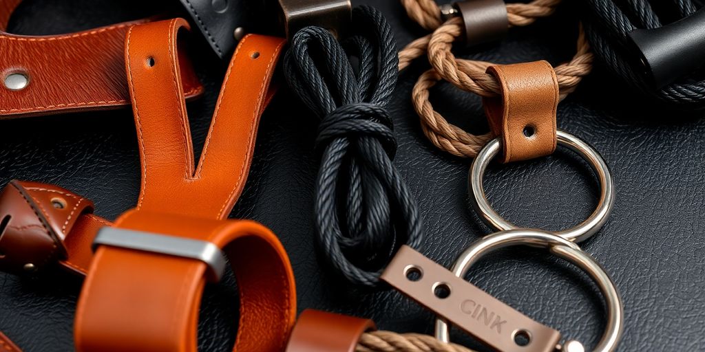 Leather restraints and metal cuffs on a dark surface.