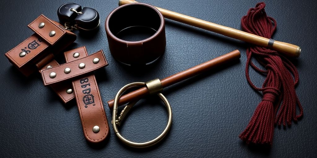 Leather restraints and safety equipment on a dark background.