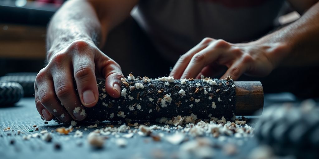 Man and woman in a dimly lit room with impact play tools.