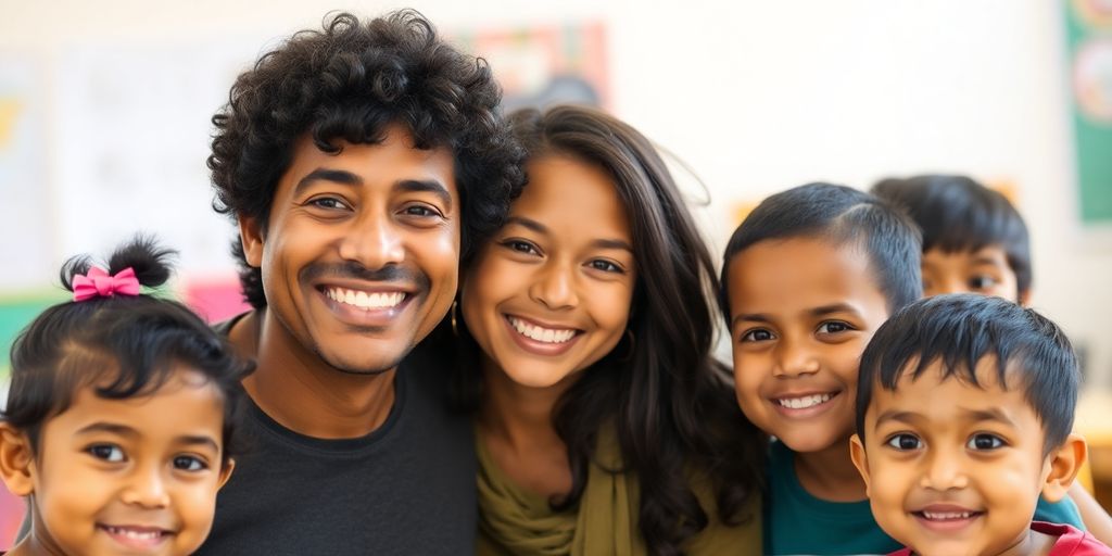 Parent smiles warmly near a diverse group of children.