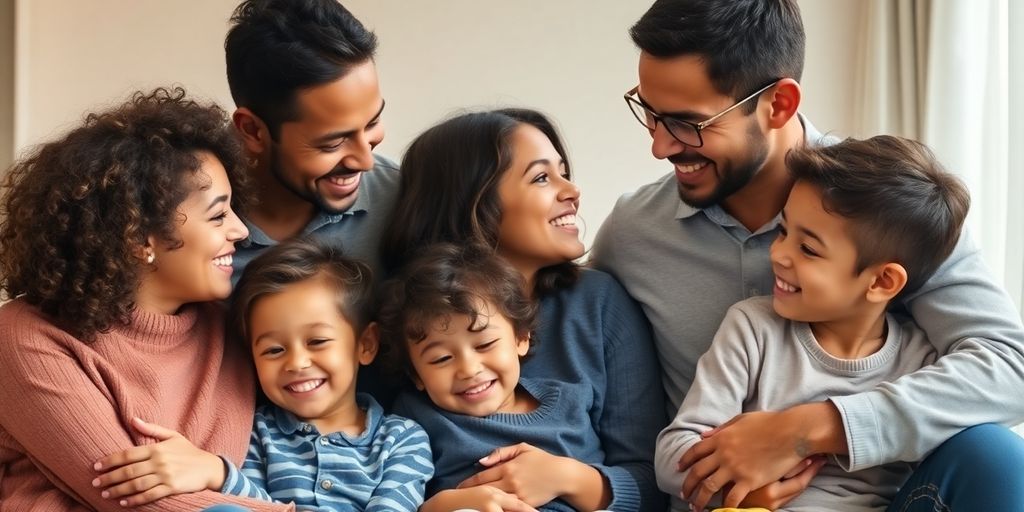 Parents and children in a loving, diverse family embrace.
