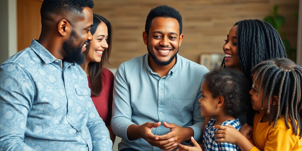 Parents talking with children about polyamory with happy expressions.