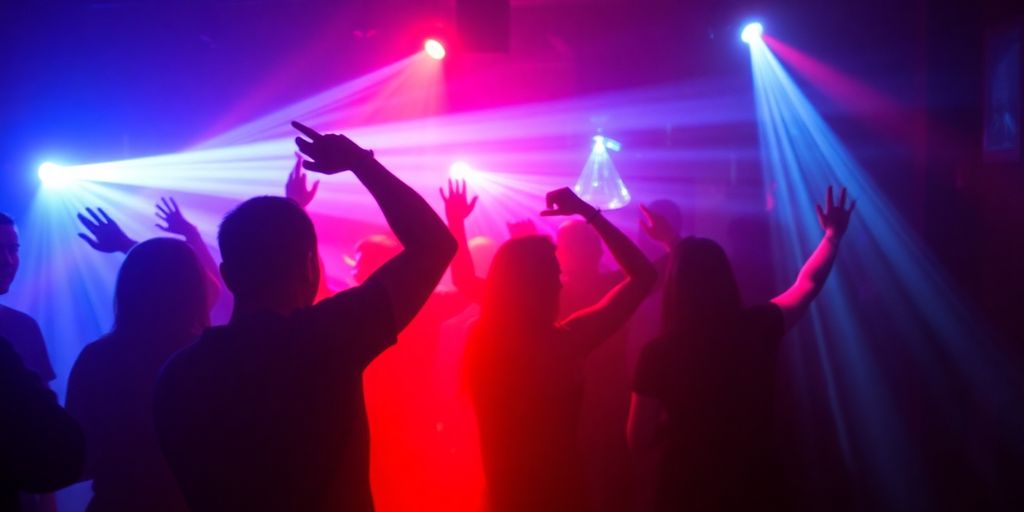 People dancing in a dimly lit club with vibrant lighting.