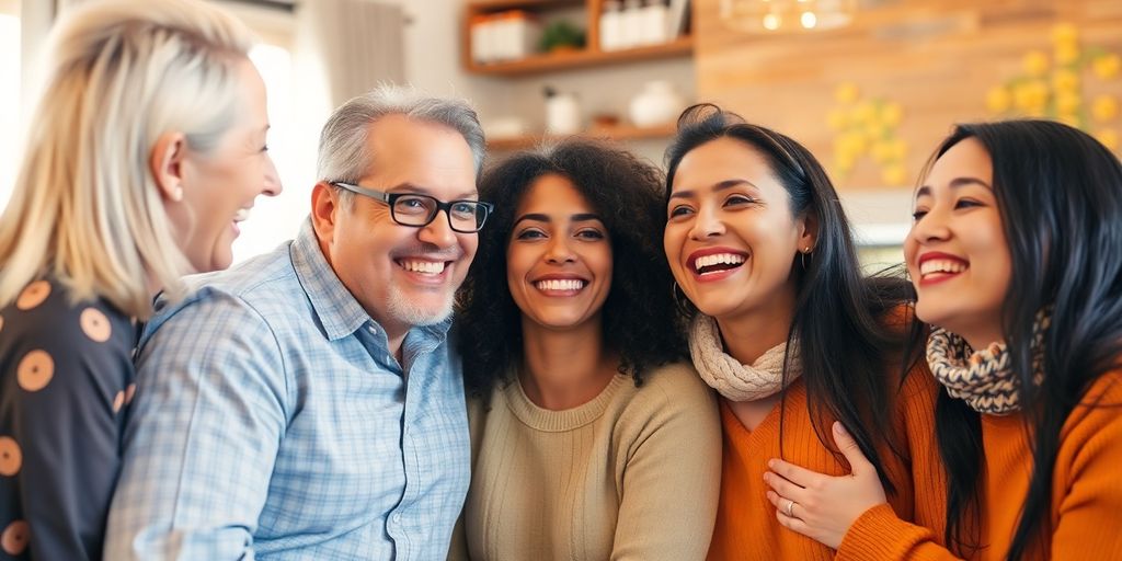 People happily connecting in a vibrant, supportive group.