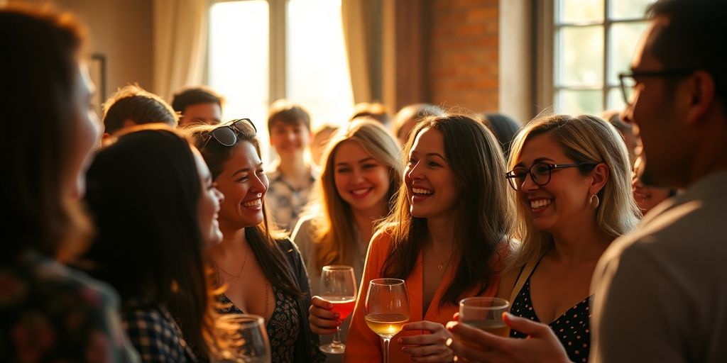 People happily interacting in a vibrant social setting.