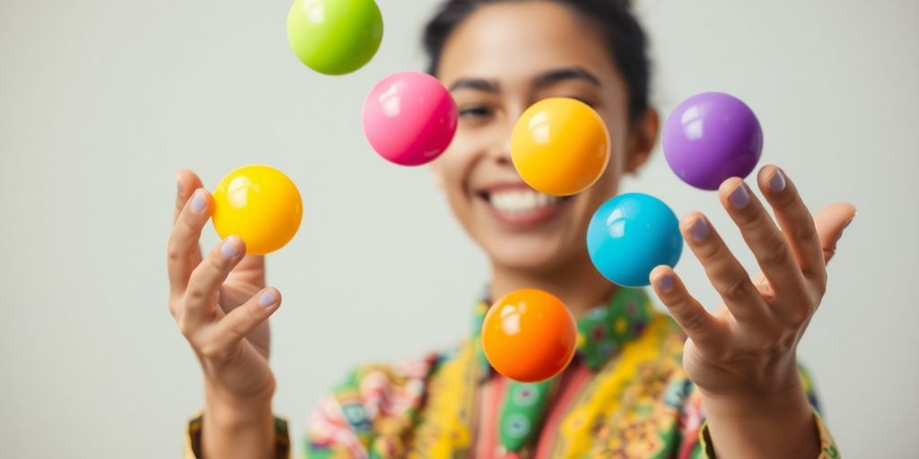 Person smiling, juggling multiple colorful spheres.