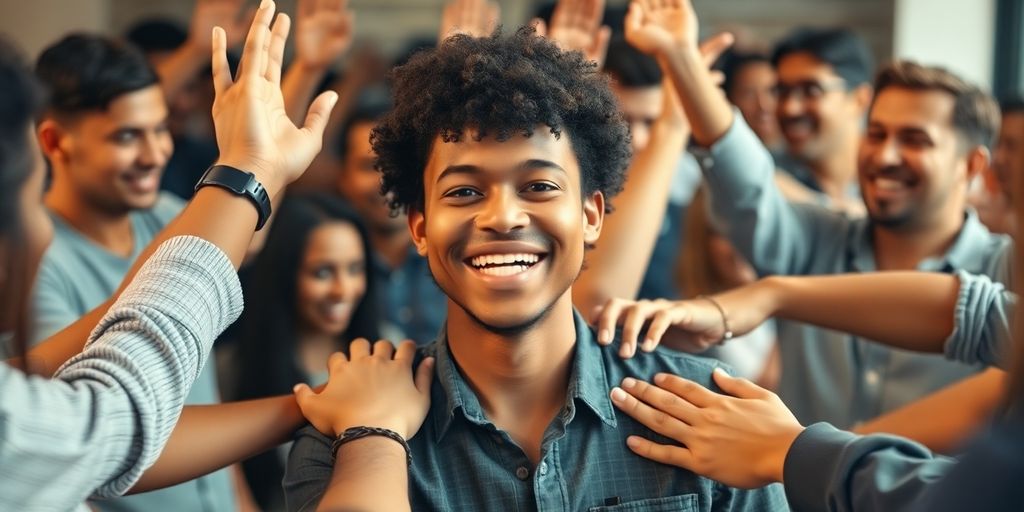 Person smiling, surrounded by various hands reaching out.