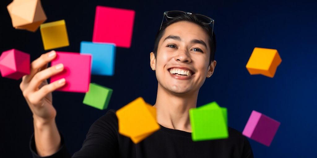 Person smiling while juggling many colorful objects.