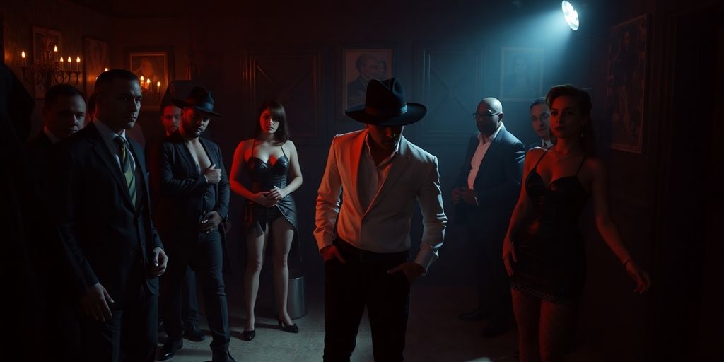 Photographic image of diverse BDSM practitioners in a dimly lit, atmospheric setting.