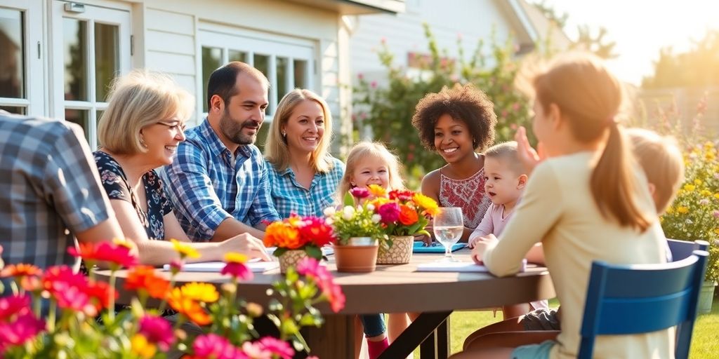 Polyamorous family discussing finances outdoors.