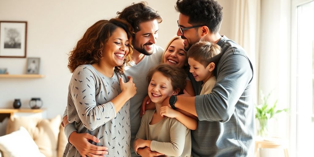Polyamorous family sharing a warm hug.