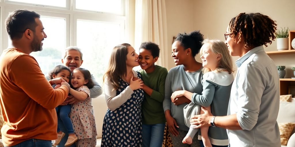 Polyamorous family sharing a warm hug.