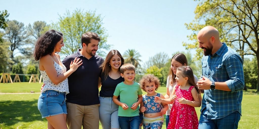 Polyamorous family smiling together outdoors.