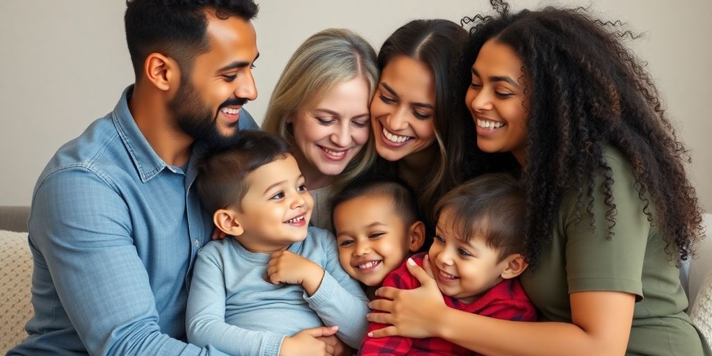 Polyamorous parents and children interacting warmly.