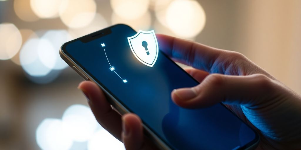 Smartphone screen displaying a privacy shield icon.