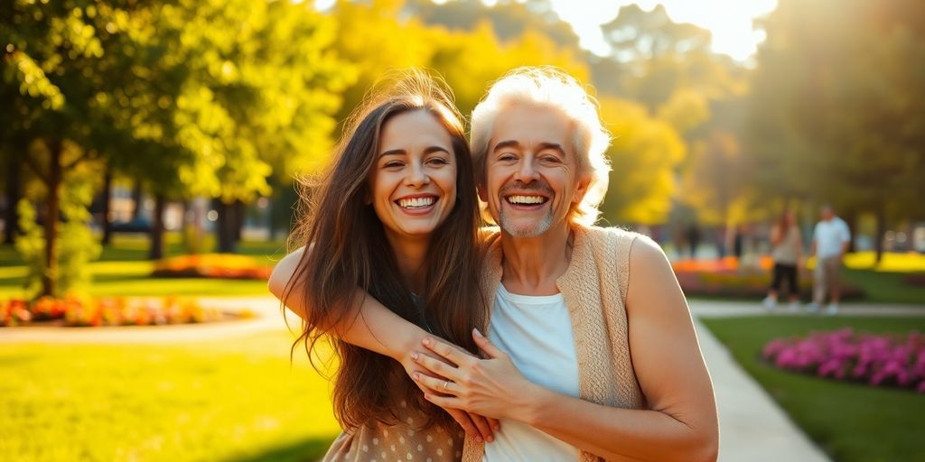 Smiling couple embracing in sunlit park.