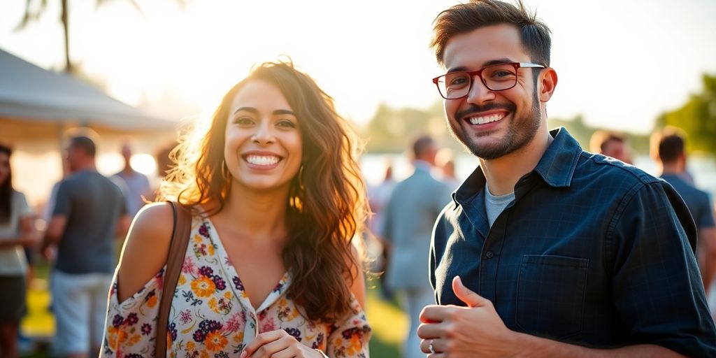 Smiling couple with linked hands, diverse and happy.