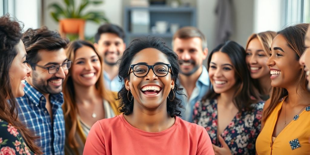 Smiling extrovert connecting with multiple happy people.