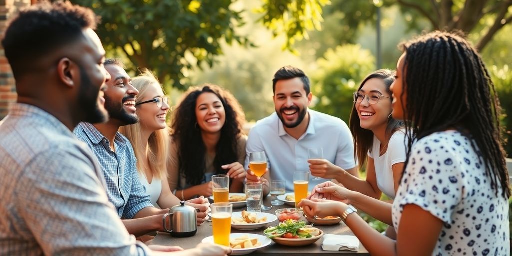 Smiling people in a group, warmly interacting.