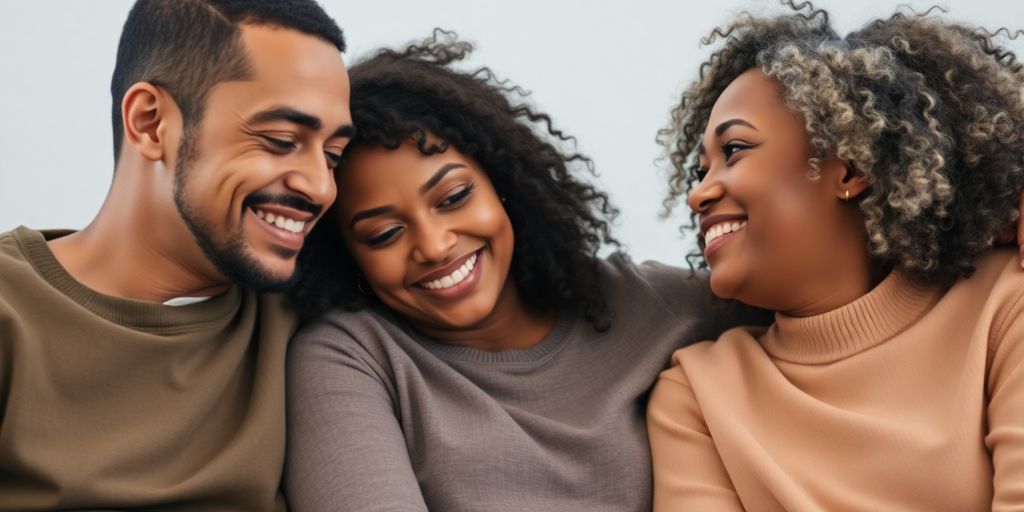 Three diverse individuals in a warm, friendly embrace.