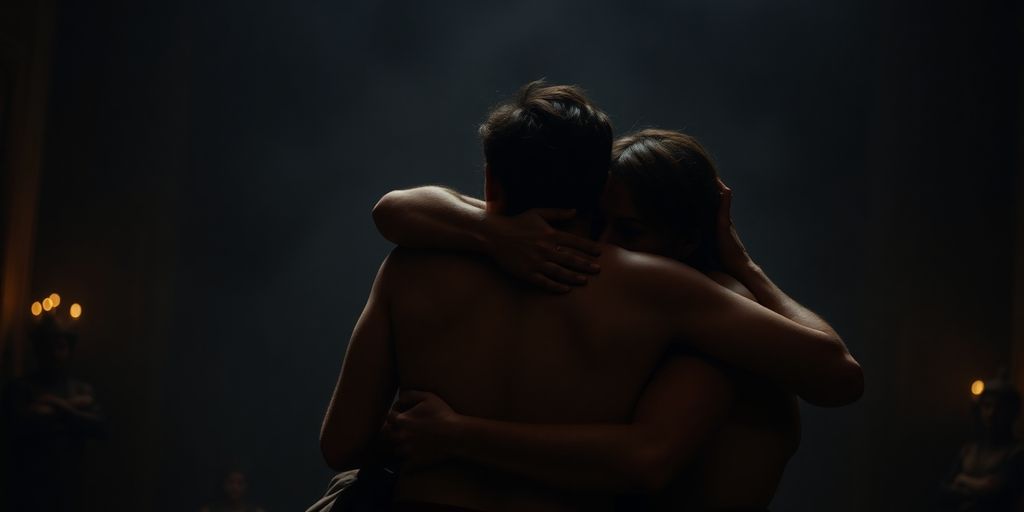 Three figures entwined in a dramatic, shadowed embrace.
