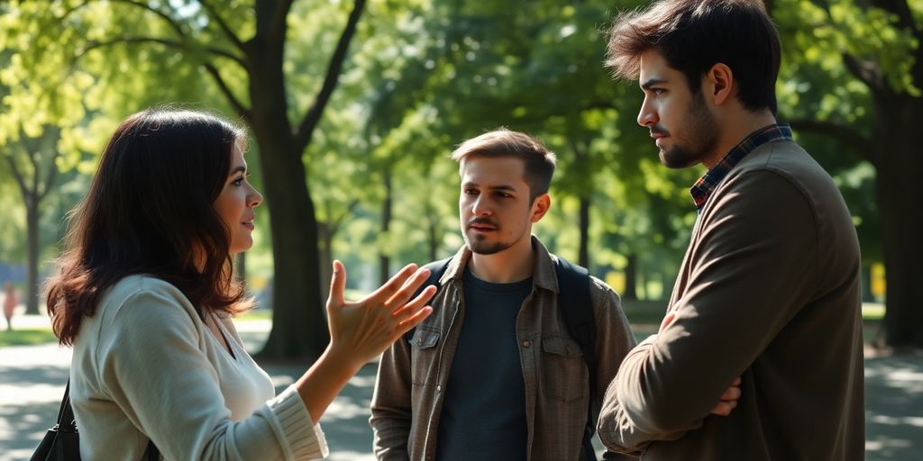 Three friends in a tense outdoor discussion.
