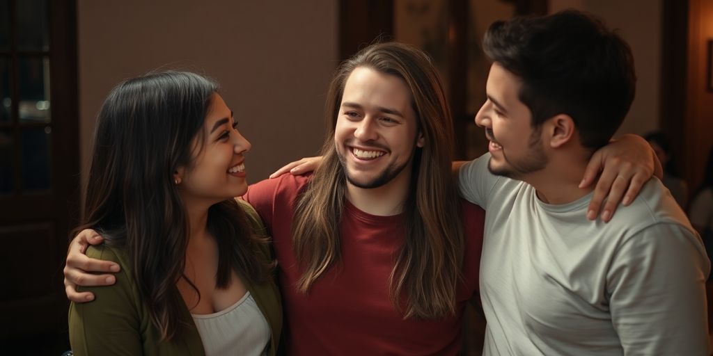 Three friends sharing a playful moment.