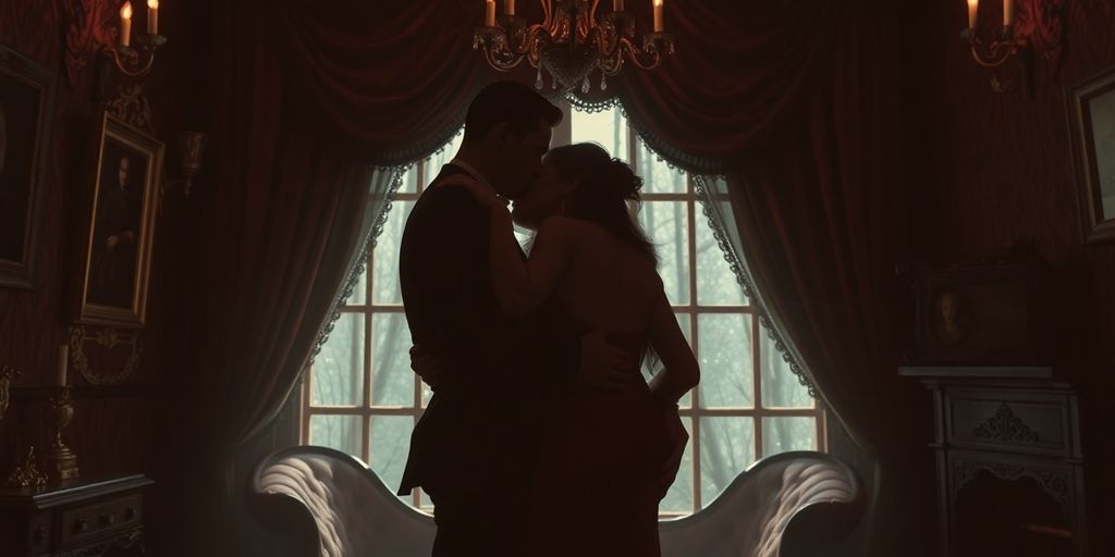 Three intertwined figures in a dimly lit, ornate room.