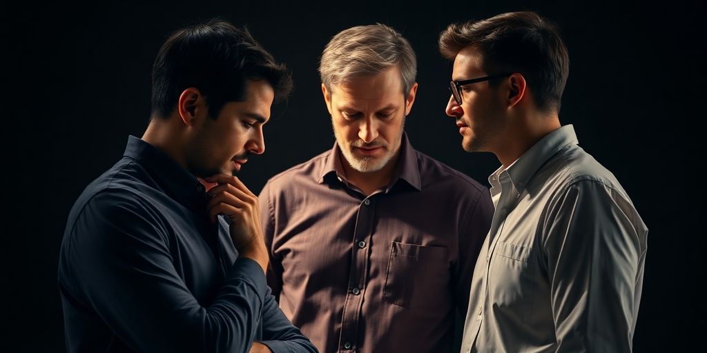 Three men in a circle, looking concerned.