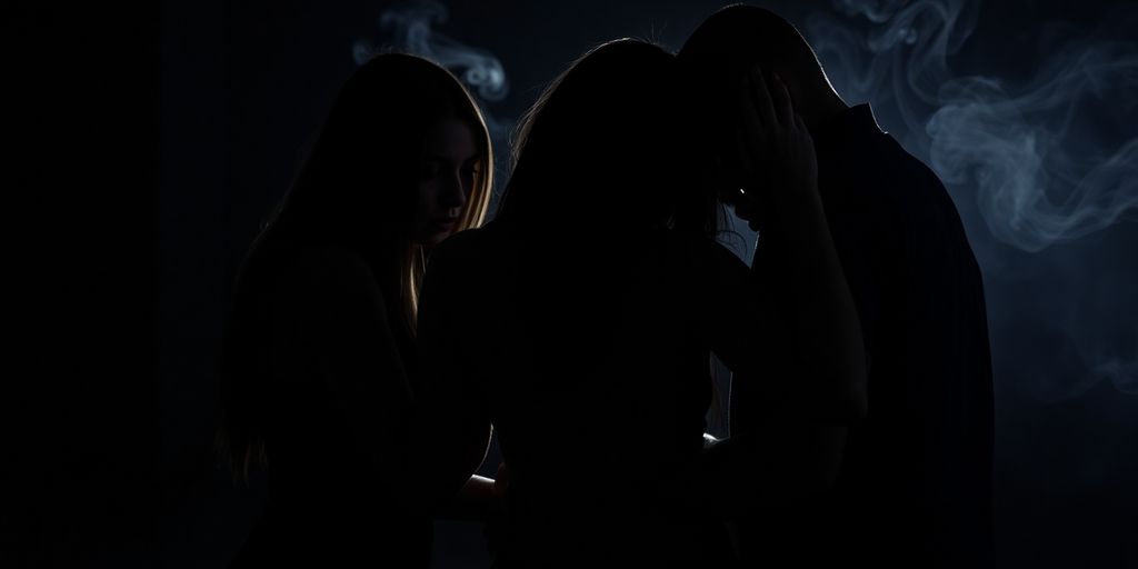 Three people entangled in a sensual embrace.