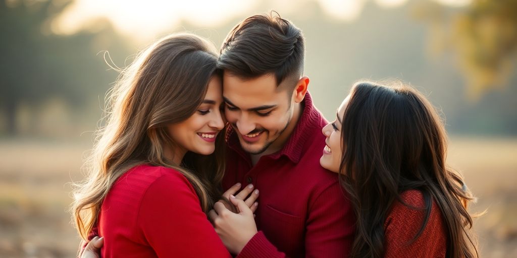 Three people in a loving embrace.
