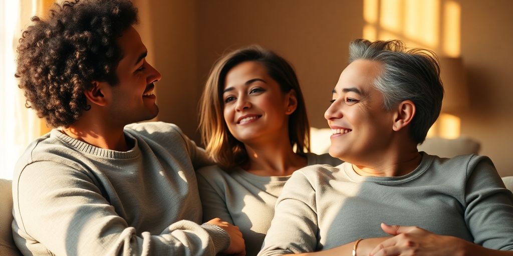 Three people in a loving embrace.