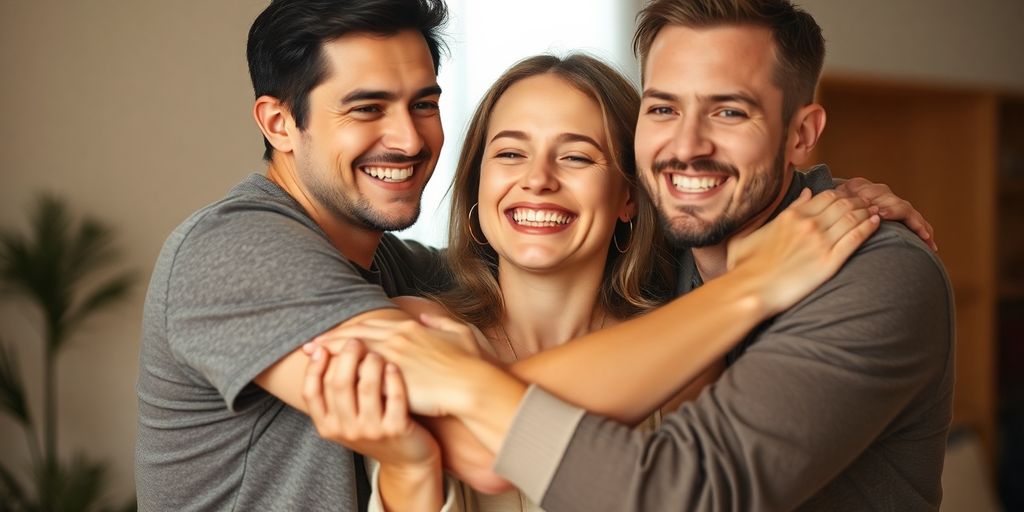 Three people in a loving embrace.