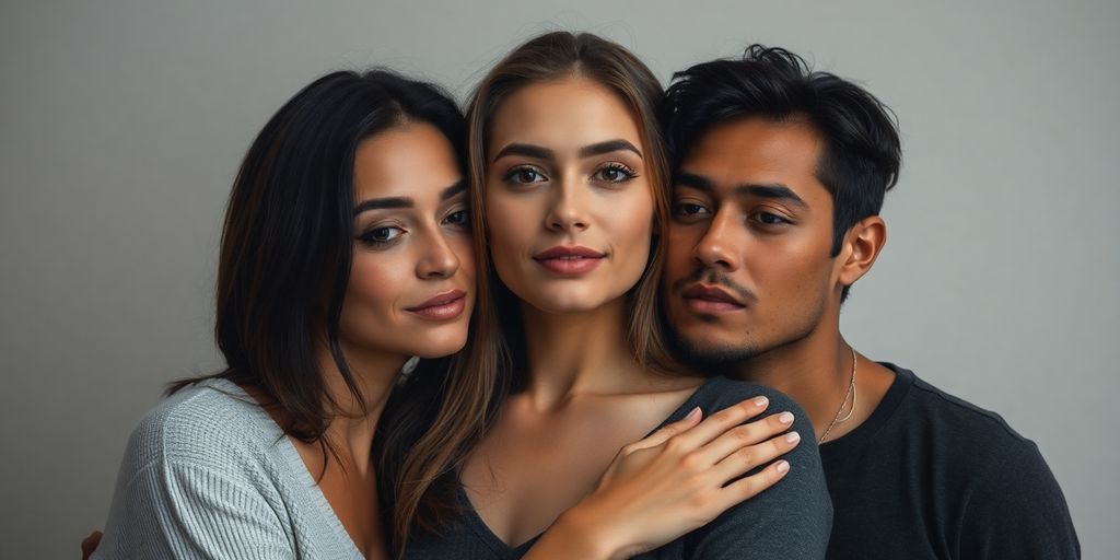 Three people in an intimate embrace.