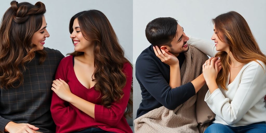 Two couples sharing affectionate gestures.