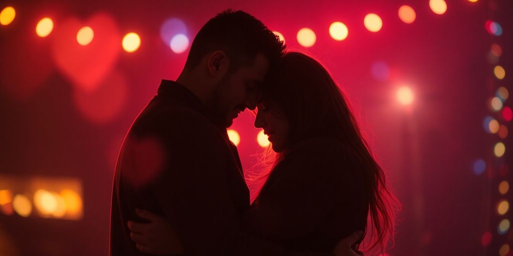Two distinct figures embracing warmly amidst swirling, soft-focus colorful lights.