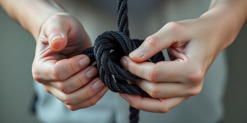 Two hands holding a bondage rope, creating a knot.