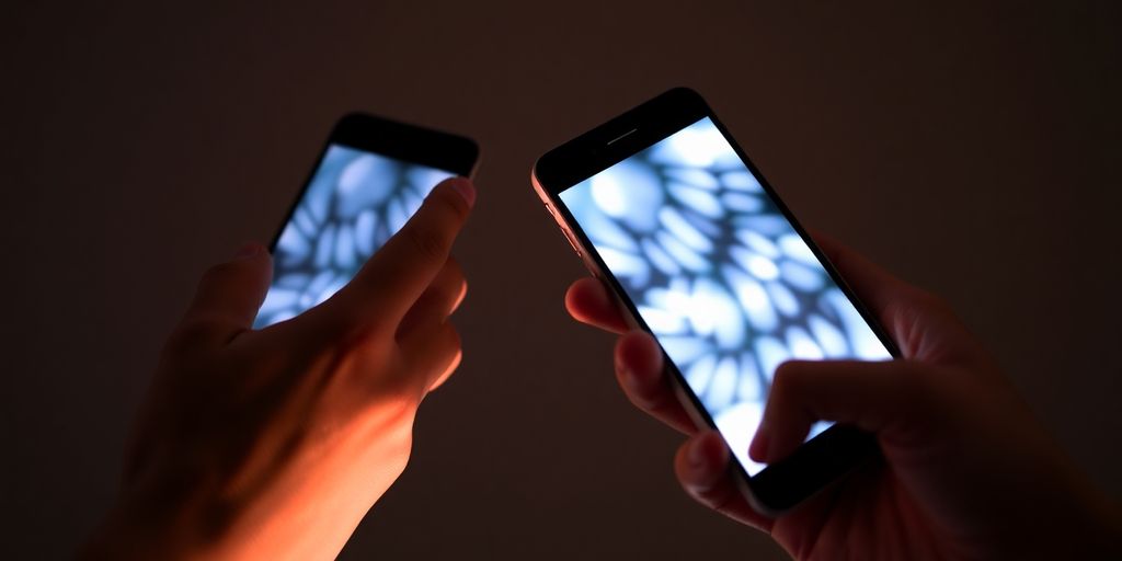 Two people communicating with phones, conveying privacy.