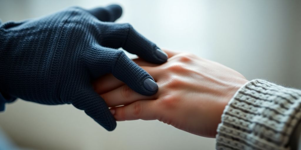 Two people gently holding hands, focused on connection.