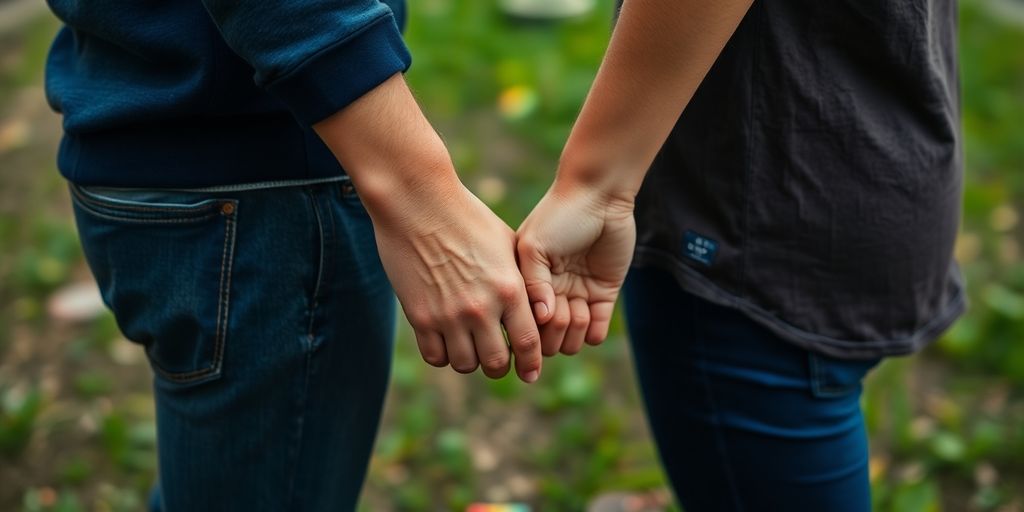 Two people holding hands, one with queer flag colors.