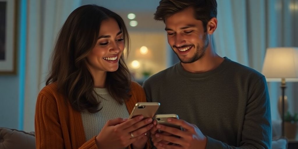 Two people smiling intimately while texting on phones.