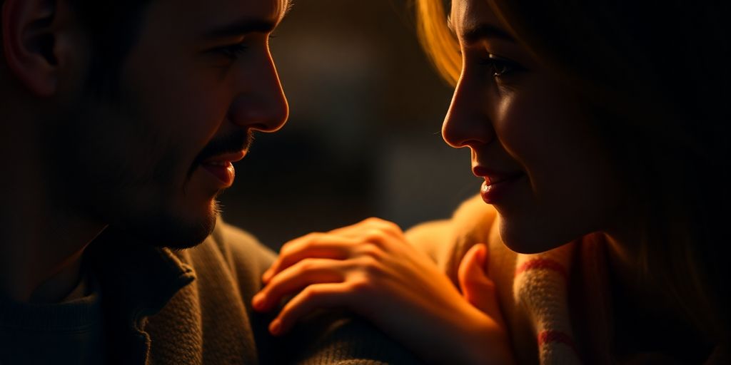 Two people talking closely, hands gesturing.