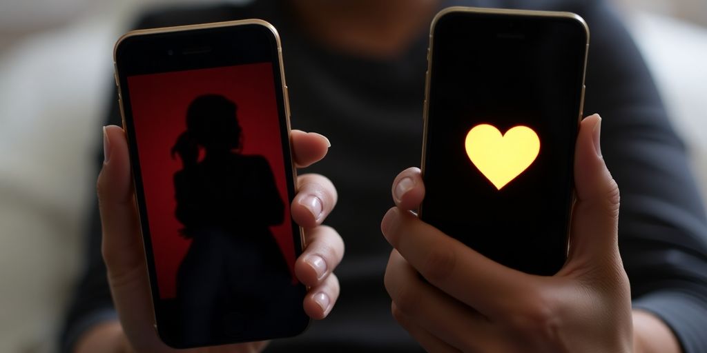 Two people texting intimately on phones.